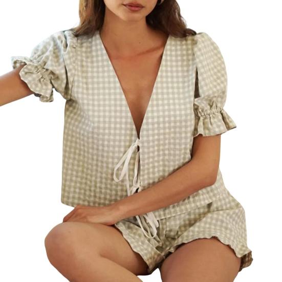 2 шт./компл. женский топ с шортами, комплект на шнуровке с бантом, декор с пышными рукавами, богемный стиль, глубокий V-образный вырез, рюшами в клетку, с принтом, свободная блузка с эластичной резинкой на талии, комплект брюк