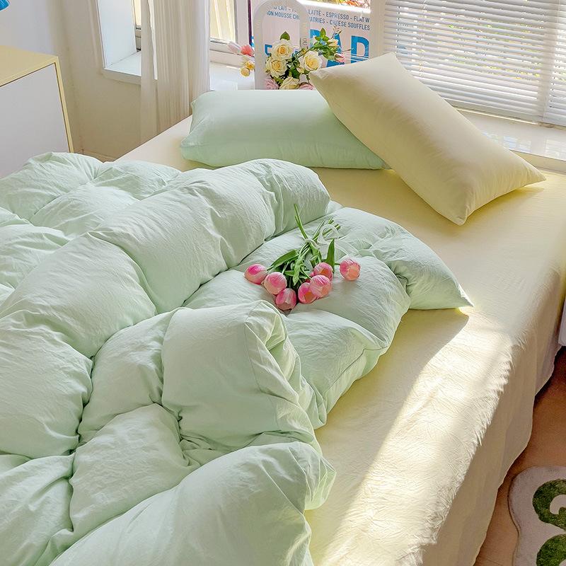 Washed Cotton 4-Pcs Set Class A Maternal Infant Grade Solid Color Single Quilt Set, Bed Sheet 4-Pcs Set, Small Fresh 3-Pcs Set