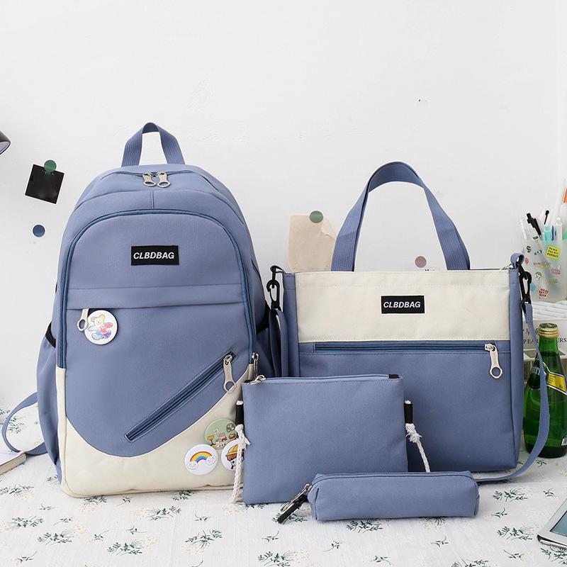 4 Pcs Sets Canvas Schoolbags Girls Women Backpackd Contrast Color Women Laptop Backpack Student Kids Rucksack Backpack