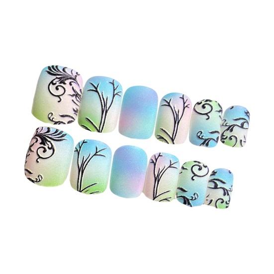 Ногти с клеем Красочное 3D-тиснение Квадратное короткое наращивание ногтей Полное покрытие