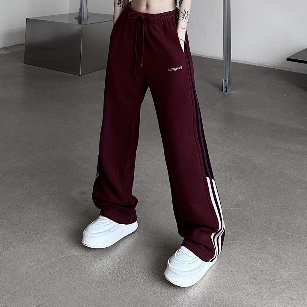 Harajuku Woman Oversize Wine Red Striped Sweatpants Spring Autumn Elastic Waist Hip Hop Streetwear Joggers Sport Casual Trousers