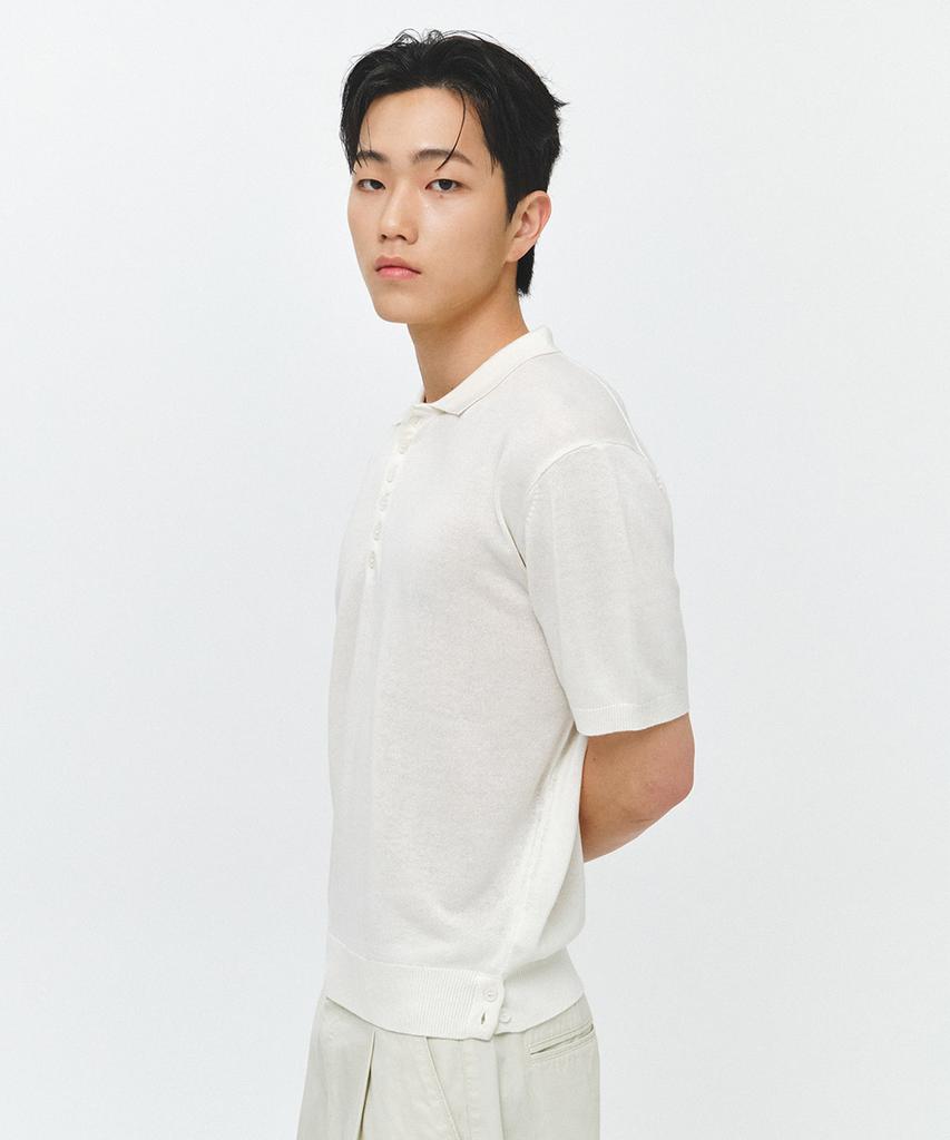 ECORR Linen Henley Neck Collar Crop Short Sleeve Knit_Ivory