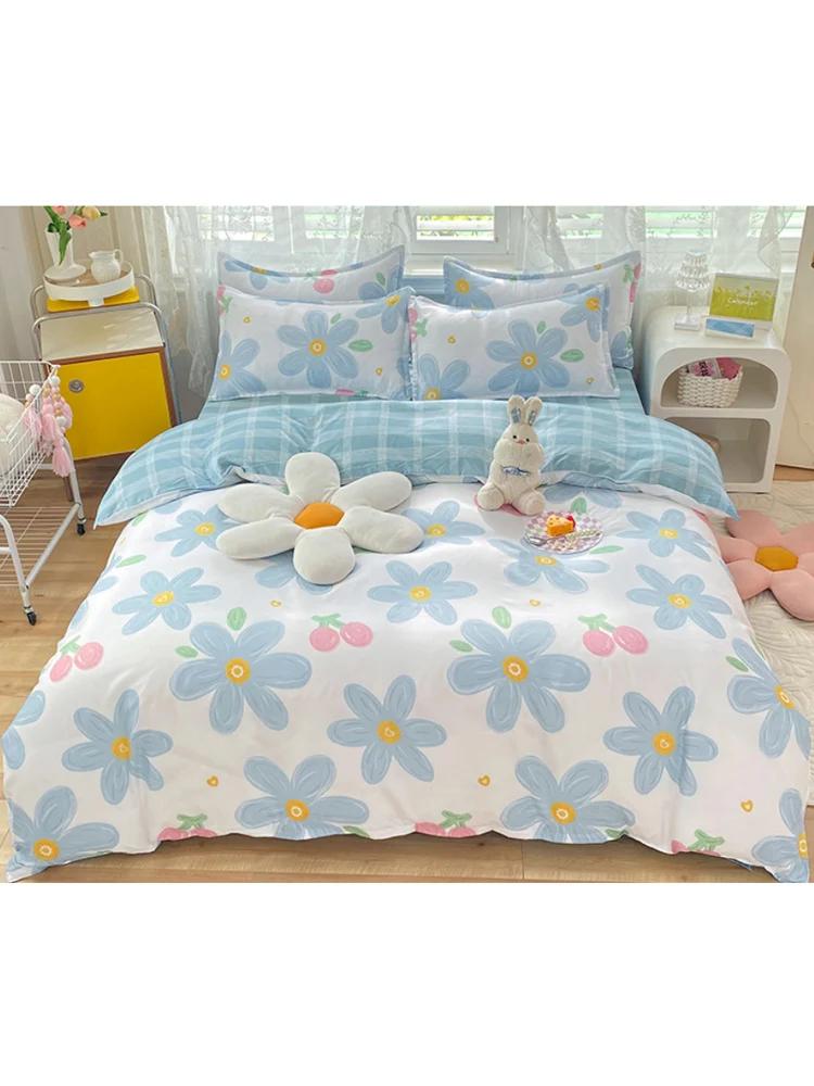 Flower Bedding Set Duvet Cover + Flat Sheet +2pc Pillowcase Double Bed Linens Twin Queen King Full Size Skin Friendly Kids B89