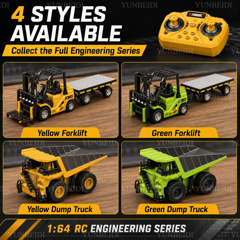 1:64 RC Mini Alloy Car Forklift with Trailer Excavator Desktop Game 2.4G Remote Control Engineering Lift Truck Child's Toy Gifts