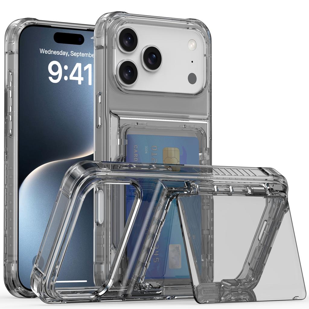 For iPhone 17 Pro Clear Case PC + TPU Phone Cover Card Holder Kickstand