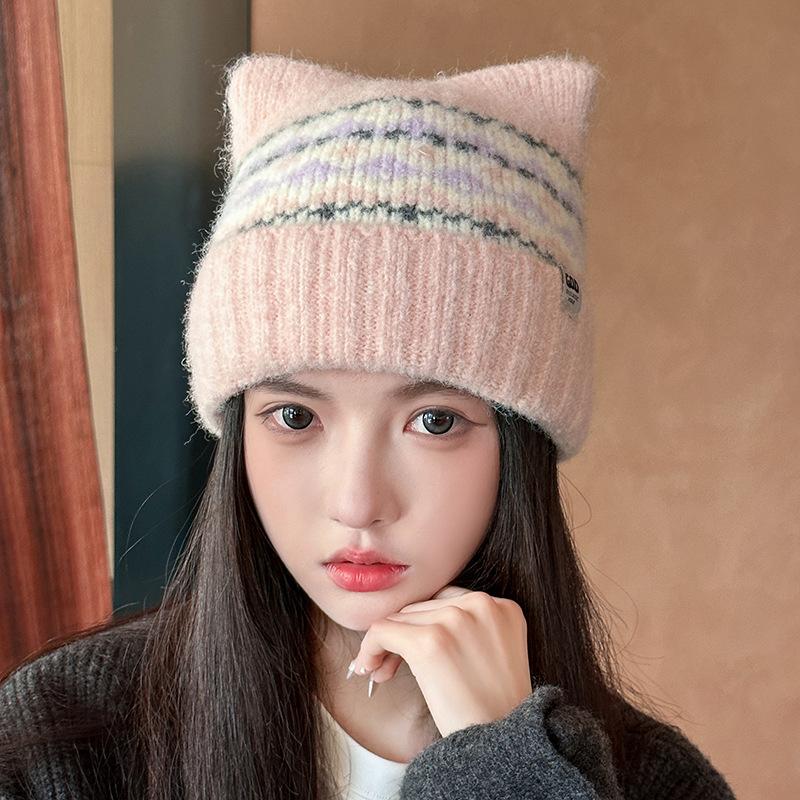 Cat ears wool hat women's autumn and winter new warm cute knitted hat casual versatile cold hat