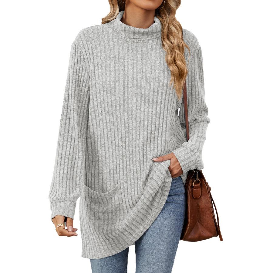 Autumn Winter Mid-Length Pullover Long Sleeves Thick Warm Knitwear Hoodie Casual Solid Color Half High Collar Loose Pocket Sweatshirt