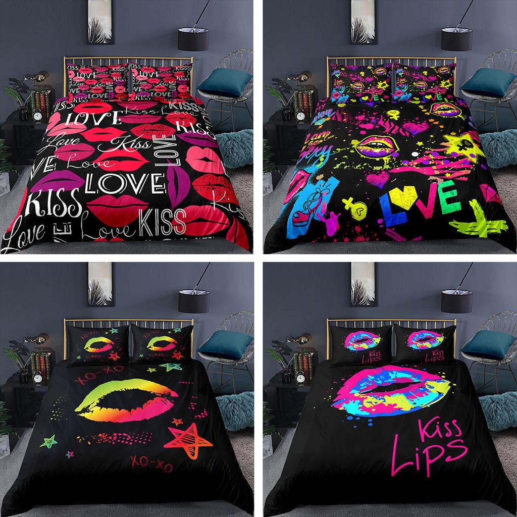 3D Color Lip Print Bedding Set Deluxe Home Bedroom Quilt Cover and Pillowcase Microfiber Material 2/3 Bedding Decoration