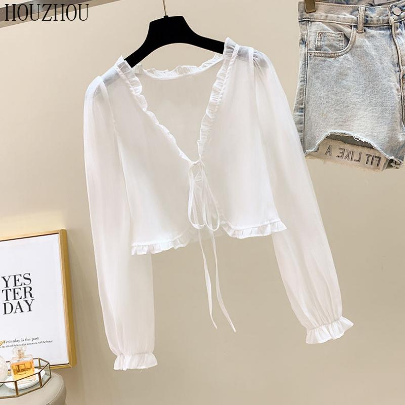 HOUZHOU Солнцезащитная рубашка женская короткая галстук-бабочка с шалью с грибковым краем женское летнее платье повседневное свободное трендовое с длинными рукавами