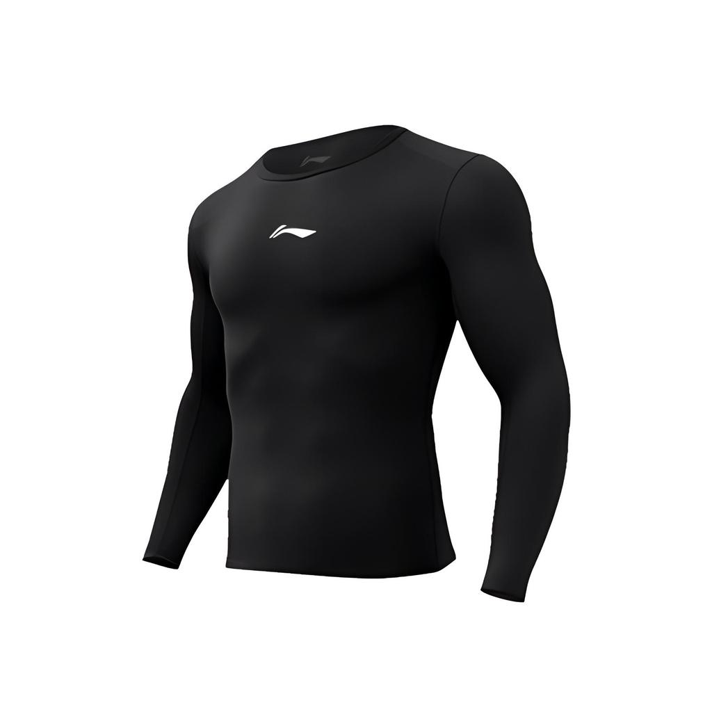 Li-Ning Высокоэластичный дышащий быстросохнущий базовый слой, спортивная футболка с длинным рукавом и круглым вырезом для фитнеса, мужские топы, черный цвет AUDU097