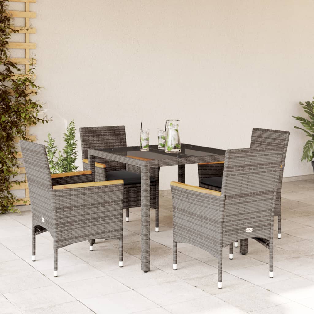 vidaXL 5 Piece Outdoor Dining Set with Cushions Grey Poly Rattan and Glass