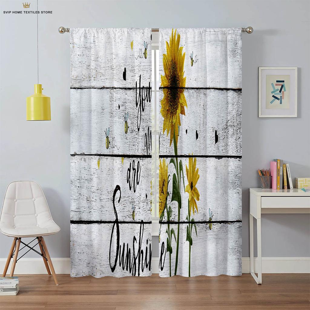 Шторы с цветочным и подсолнечным принтом, черный шелк, светонепроницаемые шторы, подходят для спальни, гостиной, кабинета, 2 штуки