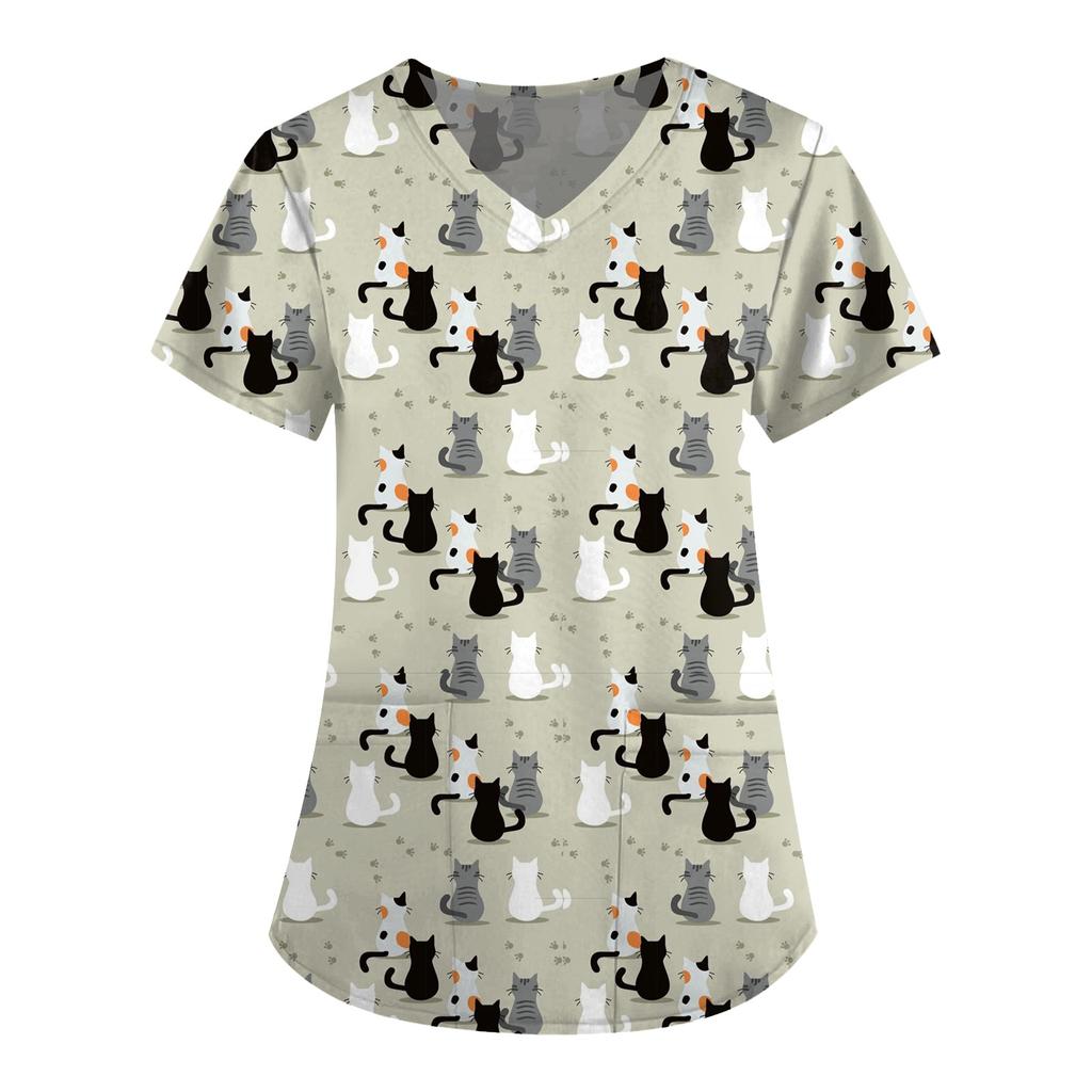 Women's Short Sleeve V-Neck Cute Animals Printed Pocket Carer Top