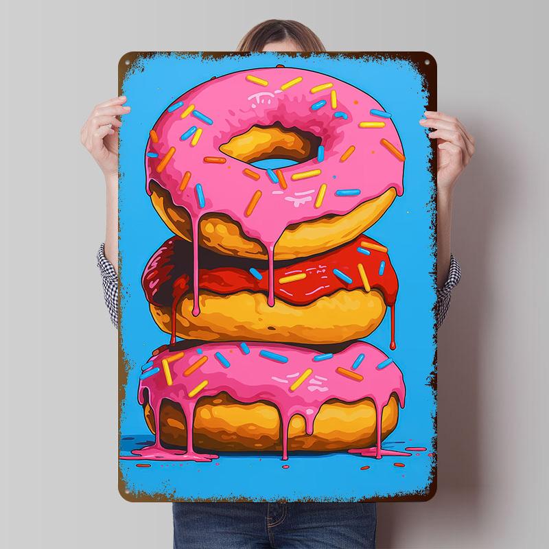 Stack of Colorful Dripping Donuts Printed Poster Customized Retro Wall Art Vintage Metal Tin Signs for Home Room Decoration Cozy