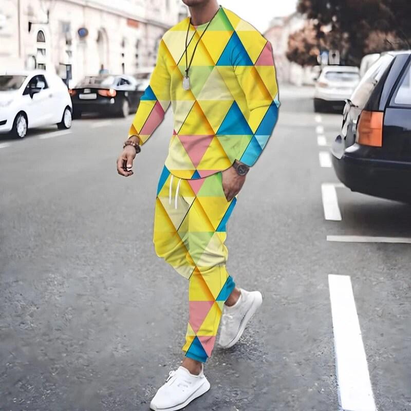 New Fashion Men's Two-piece Sportswear 3D Printed Long Sleeved T-shirt Set Street Casual Two-piece Men's T-shirt Set