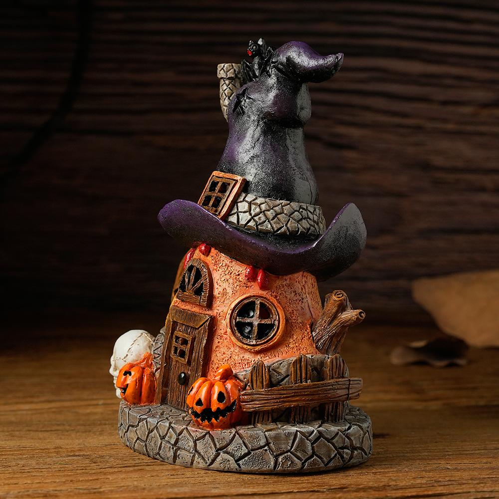 Halloween Witch Hat House Decoration with LED Lights, Pumpkin & Skull Figurines, Haunted Tree, Spooky Tabletop Holiday Ornament
