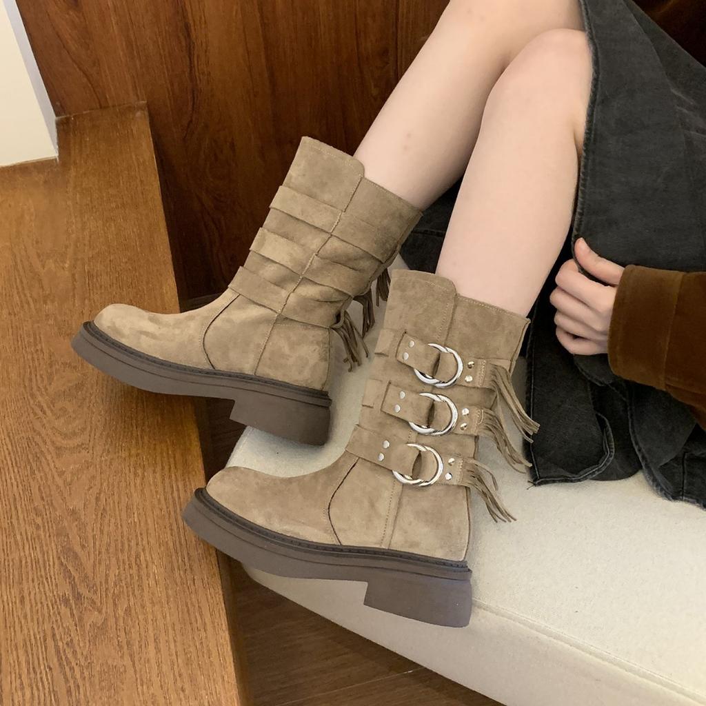 Thick-soled Medium Tube Martin Boots Women's Shoes 2025 New Black British Wind Locomotive Boots Short Boots Spring and Autumn Western Single Boots