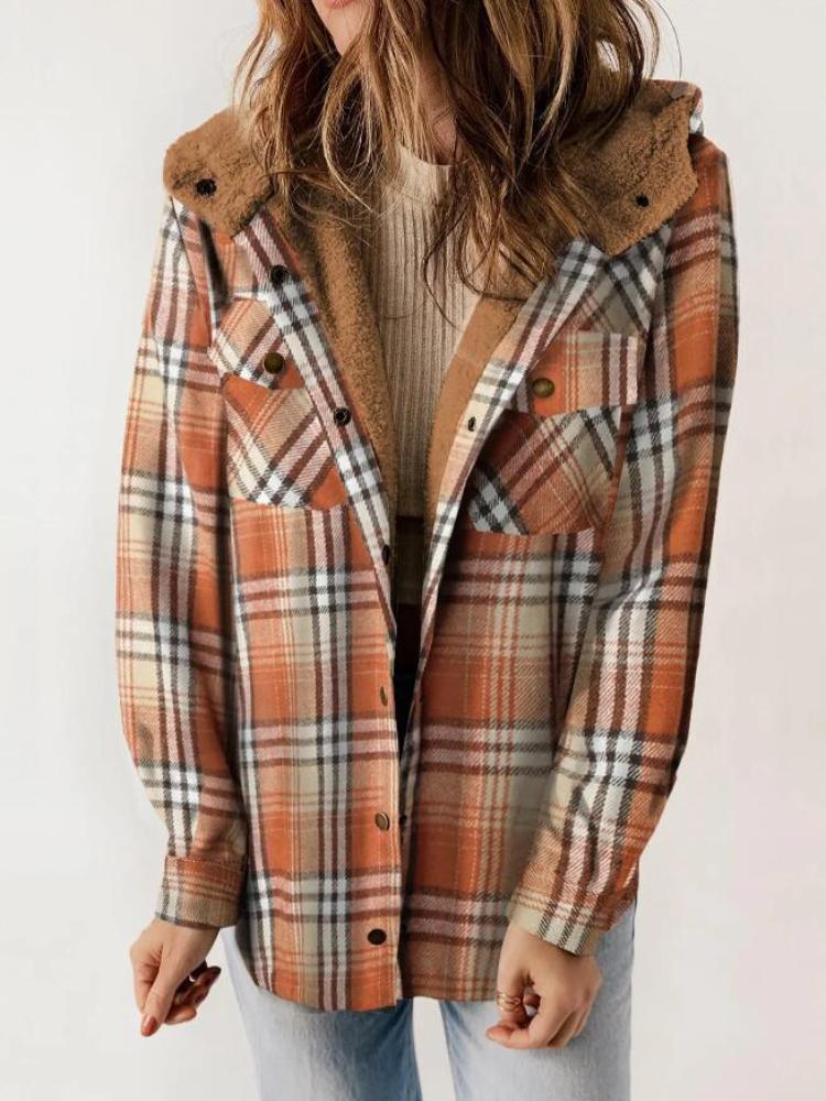 Autumn and Winter Women's Plaid Jacket Long Sleeved Hairy Hooded Jacket with Pockets