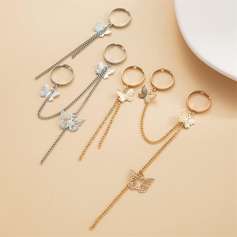 Набор колец-цепочек в стиле панк-бабочка, два открытых кольца на палец, хип-хоп, многослойные, индивидуальные, регулируемые, украшения для вечеринок, аксессуары
