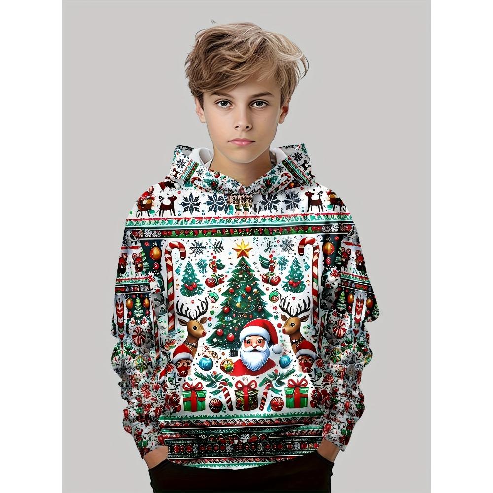 Детская смешная рождественская толстовка, свитшот с длинным рукавом с Сантой и оленями, рождественский подарок для мальчиков