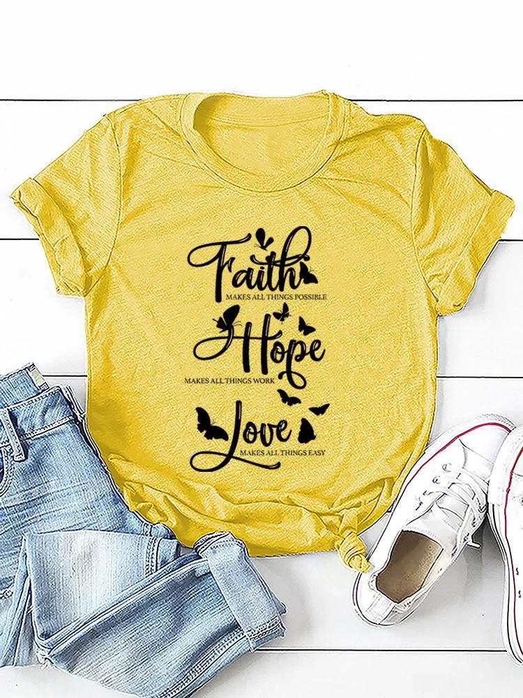 Вера Надежда Любовь Принт Бабочки Женская Футболка Короткий Рукав Круглый Вырез Свободная Женская Футболка Женская Футболка Топы Camisetas Mujer