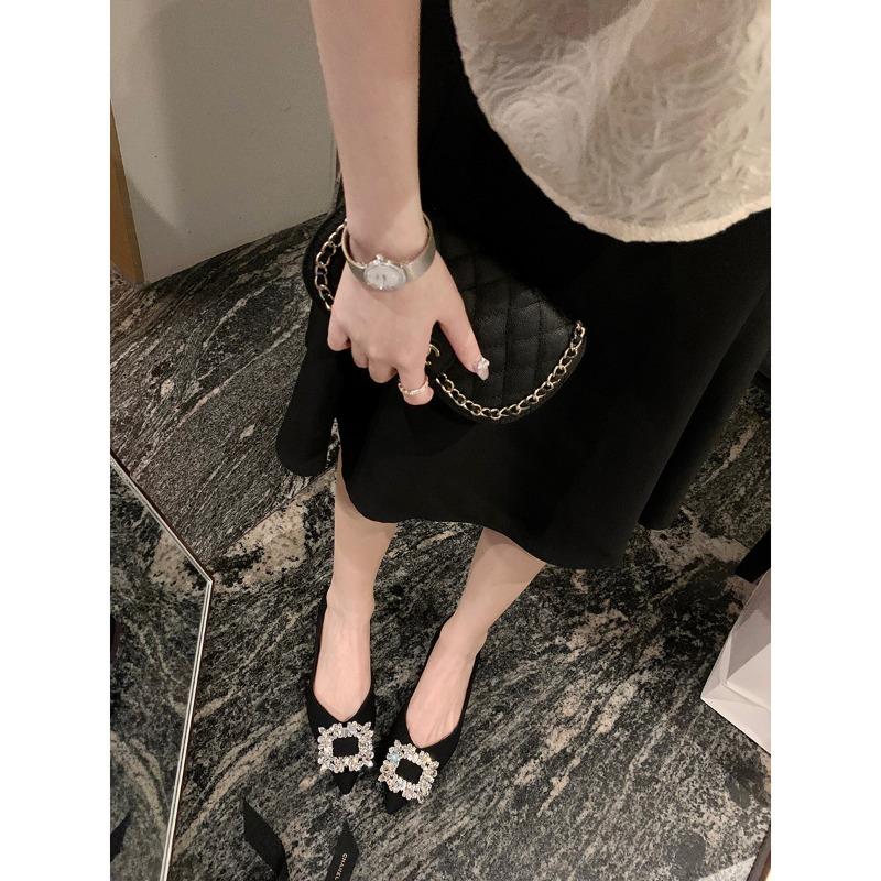 Premium square buckle rhinestone pointed head shallow mouth fairy flat shoes women's single shoes