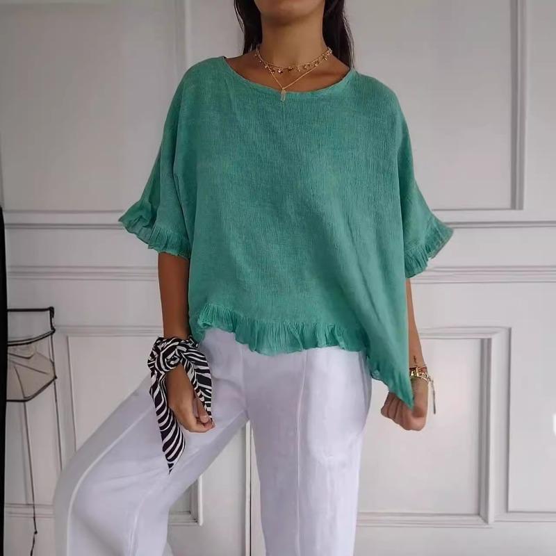 Summer Casual T-Shirt Round Neck Short Sleeved Cotton Linen Blouse Casual Solid Color Loose Pullover Clothes Fit Shirt for Women