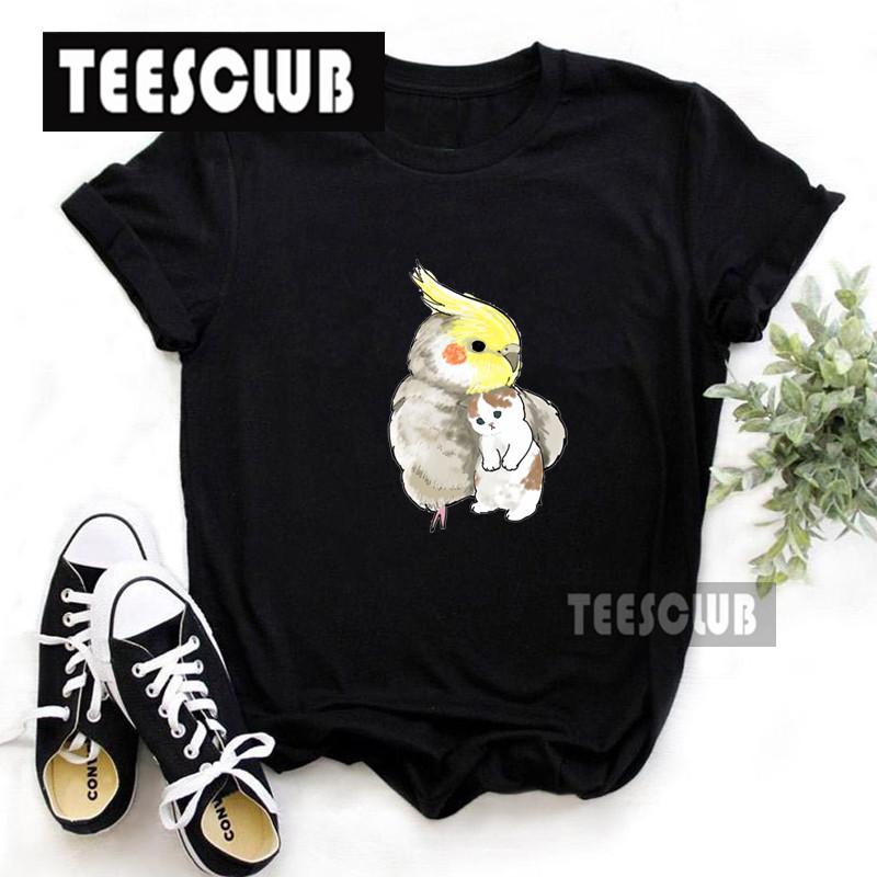 Women's Polyester 100% European-Style Cartoon Parrot Cat Print T-shirt Short Sleeve Harajuku Graphic Top Summer
