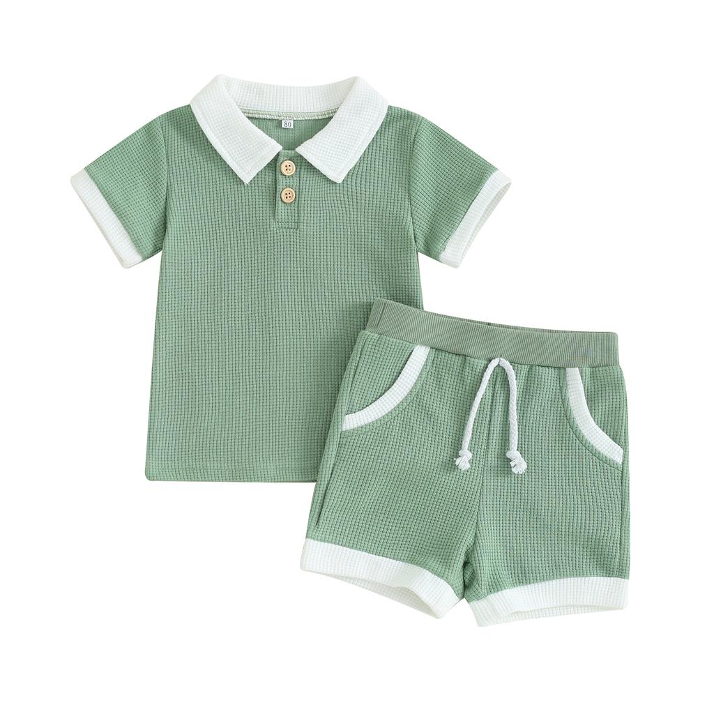 Toddler Boys Summer Outfits Contrast Color Buttons Short Sleeve T-Shirts Waffle Tops Elastic Waist Shorts 2Pcs Clothes Set