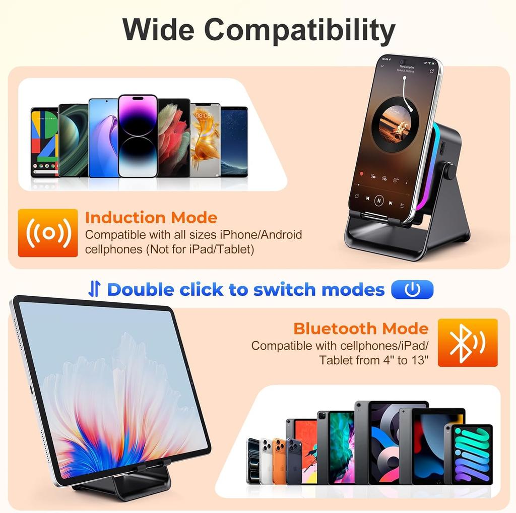 Wireless Bluetooth Induction Speaker, Phone Speaker Amplifier with Colorful Lights & 3500mAh Battery, Portable Phone Stand