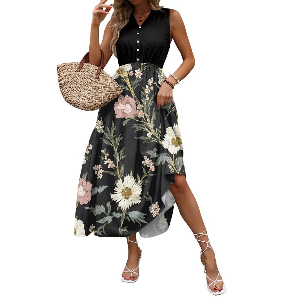 Women's Casual And Fashionable V-neck  Sleeveless Printing Mid Length Dress