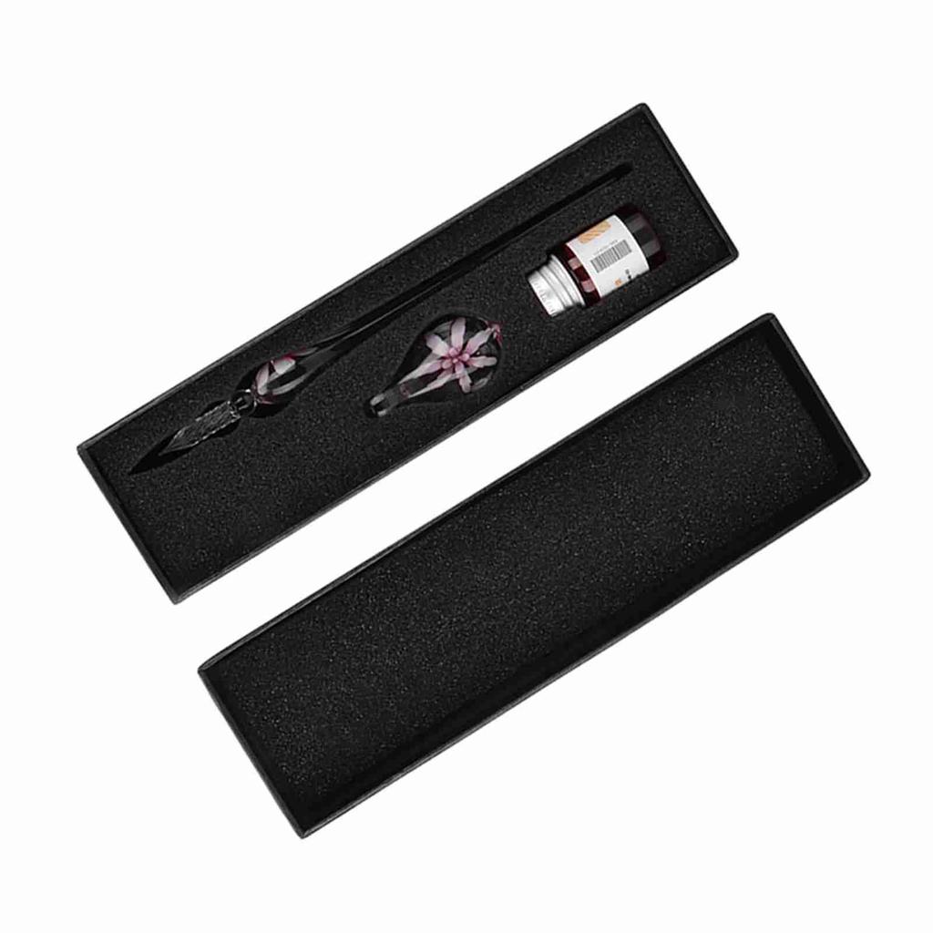 Retro Elegant Flower Glass Dip Pen Signature Ink Fountain Pen with Ink Penholder Pink