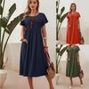 Women's Long Skirt New Solid Color Round Neck Pocket Short Sleeved Cotton Linen Dress