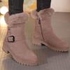 Winter Warm Thick Plush Snow Boots Women Rivet Decor Low Heels Ankle Boots Woman Buckle Strap Non Slip Platform Botas