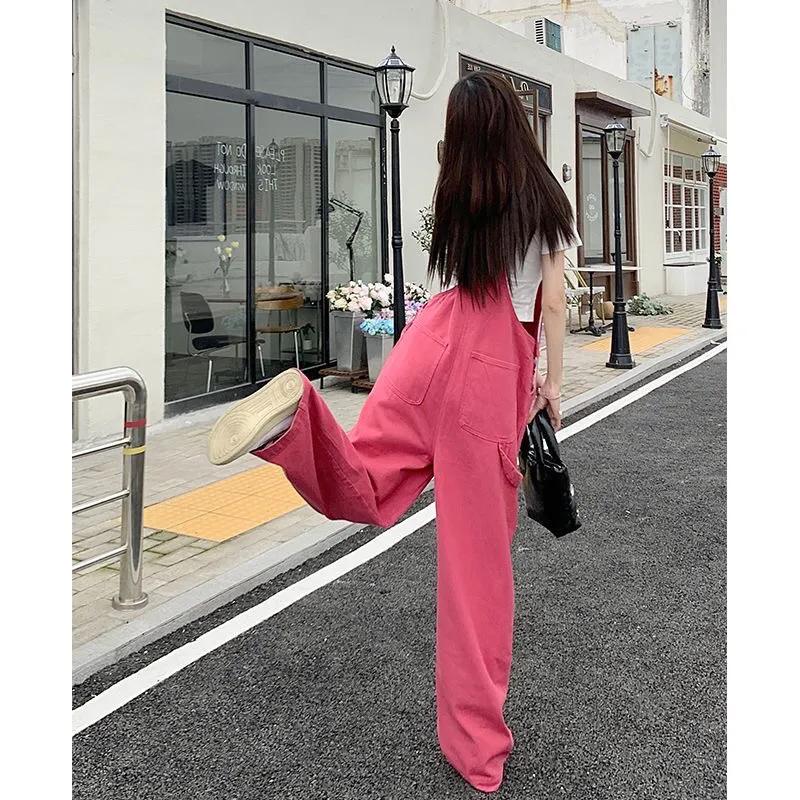 Design Sense Pink Denim Overalls Women's Summer Thin Net Red Niche Slim Casual Straight Wide-leg Pants