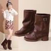 Round Head Wide Tube Thick Heel Medium Tube Boots Women's Autumn and Winter New Retro Belt Buckle Western Boots Pleated Leather Boots Women's Knight B