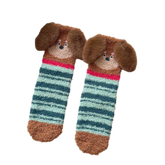 Yousheng 1 пара носков для пола 3D мультяшный дизайн таксы полосатый принт эластичное отверстие носки коралловый флис утолщенные средней длины носки для сна