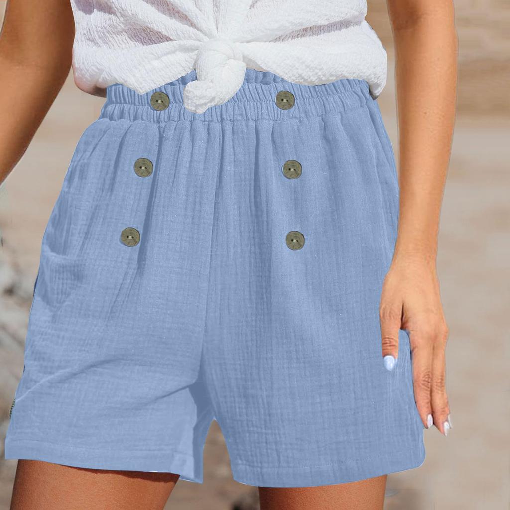 Женские льняные шорты, летние пляжные повседневные удобные шорты с эластичной резинкой на талии, легкие шорты с карманами, повседневные шорты