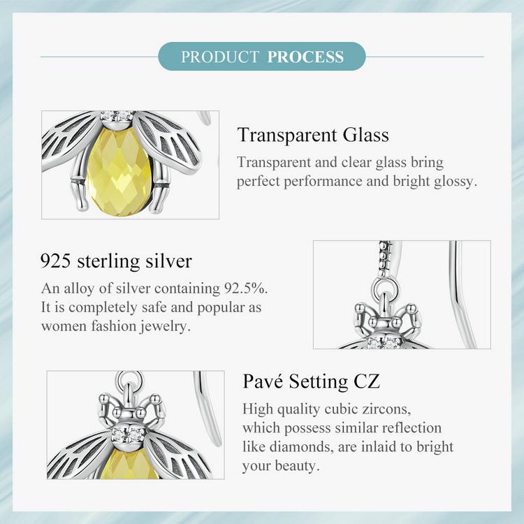WOSTU Vintage 925 Sterling Silver Handmade Honey Bee Dangle Drop Earrings Women Yellow Zircon Cute Insect Ear Hooks Mom's Gift