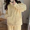 Cozy Flannel Pajama Set for Women Casual Stand Collar Long Sleeve Top with Pants Solid Color Knit Sleepwear Adult Fall/Winter Warm Loungewear
