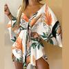 Asymmetrical Hem Elegent Beauty Lady Dress Tropical Print Sexy Women Dress Tie Front V Neck Mini Dress Beachwear