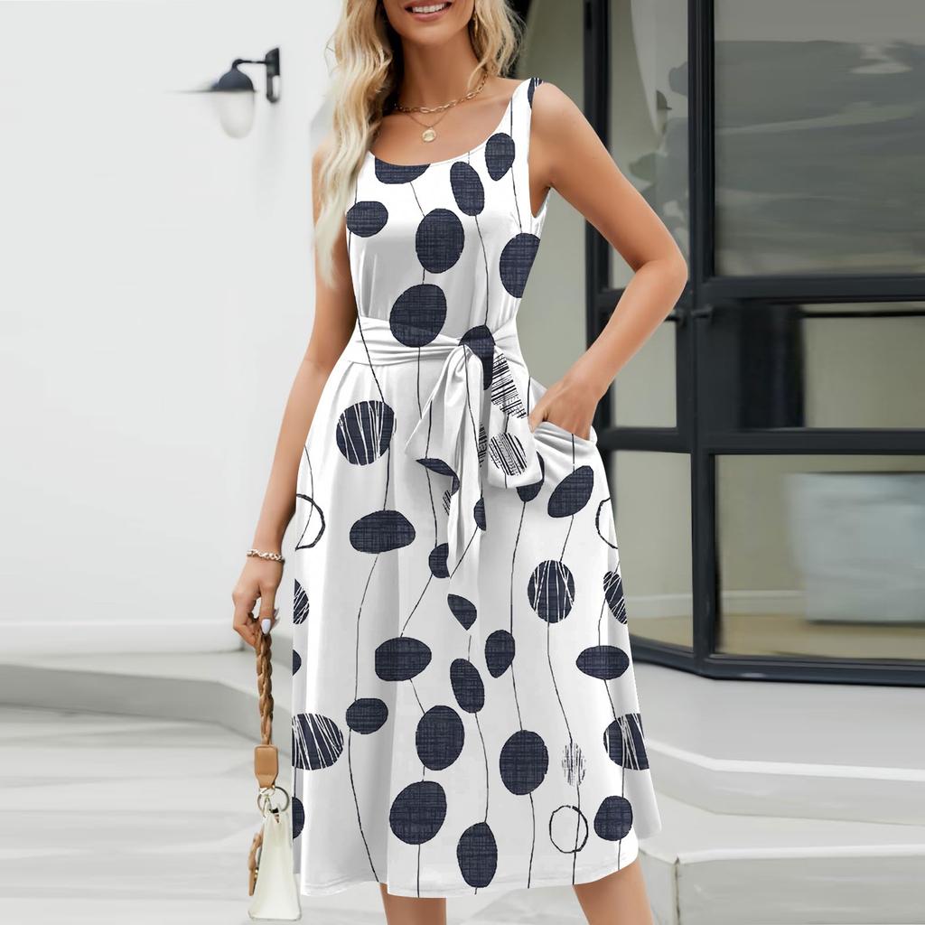 Женское летнее пляжное свободное платье миди трапециевидной формы без рукавов с круглым вырезом и цветочным принтом, платье-жилет с карманом на шнуровке
