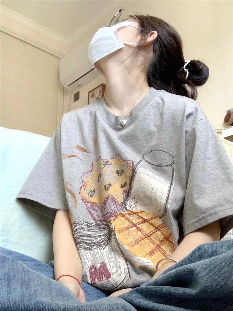 100% Чистый Хлопок Серый Женская Европейская Летняя Футболка с Коротким Рукавом - Трендовый Американский Нишевый Дизайн