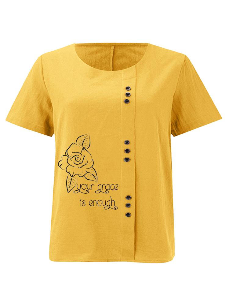 Women's Fashion Black Line Floral Letters Print Shot Sleeve T-shirt Loose Cotton Shirt Casual Loose Summer Blouse Tops Plus Size