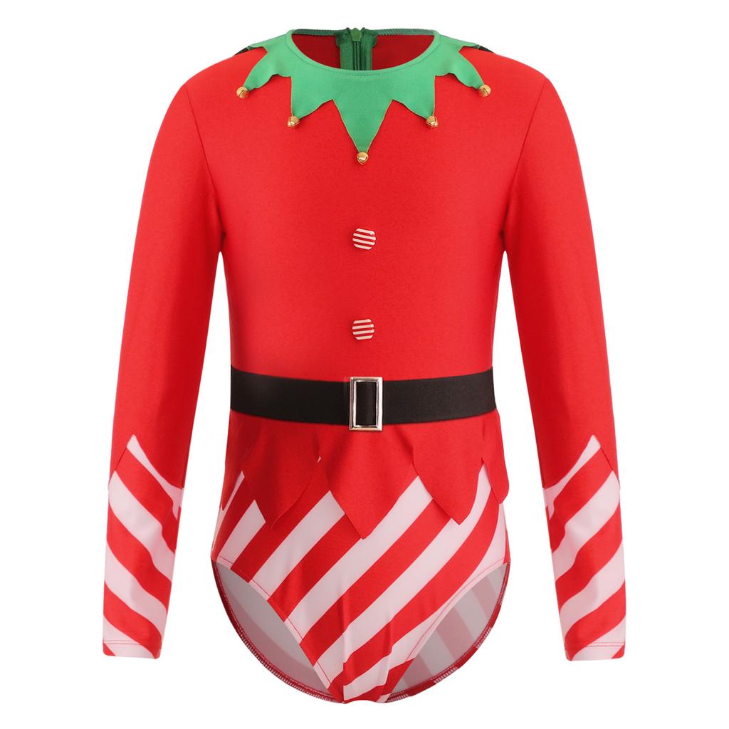 Kids Dance Leotard Christmas Costume Long Sleeve Stripes Brass Bells Belt Athletic Wear