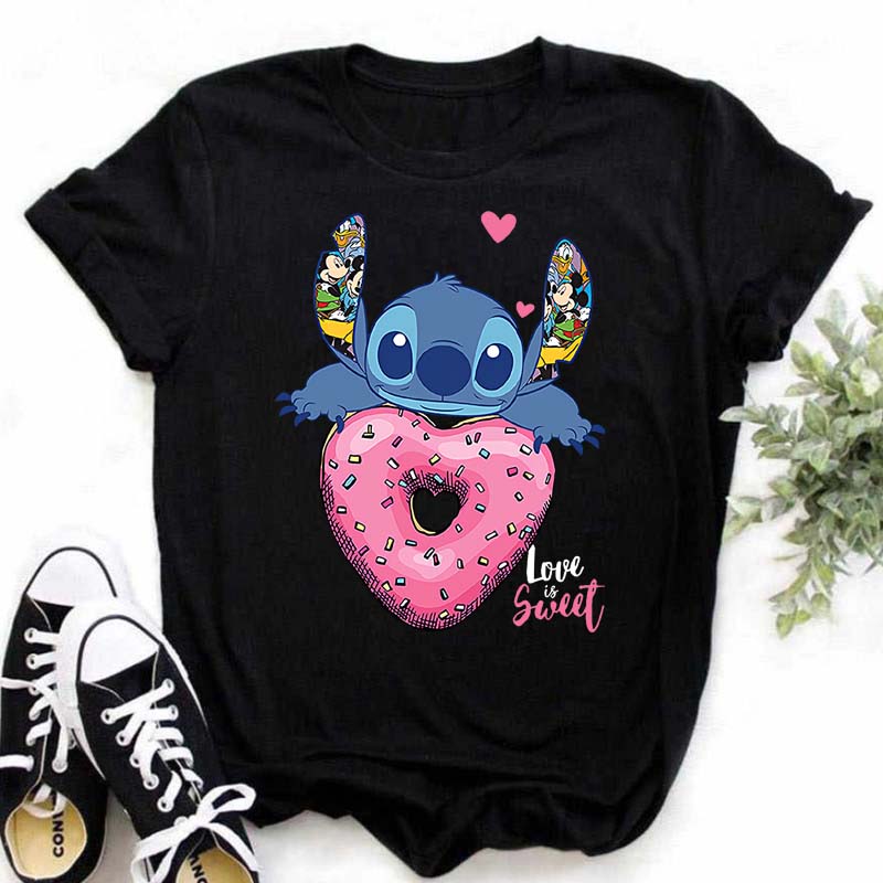 Disney Lilo Stitch Cute Cartoon Print Women T-Shirt Summer Streetwear Short Sleeve T Shirt Fashion Casual Female Clothes Tops