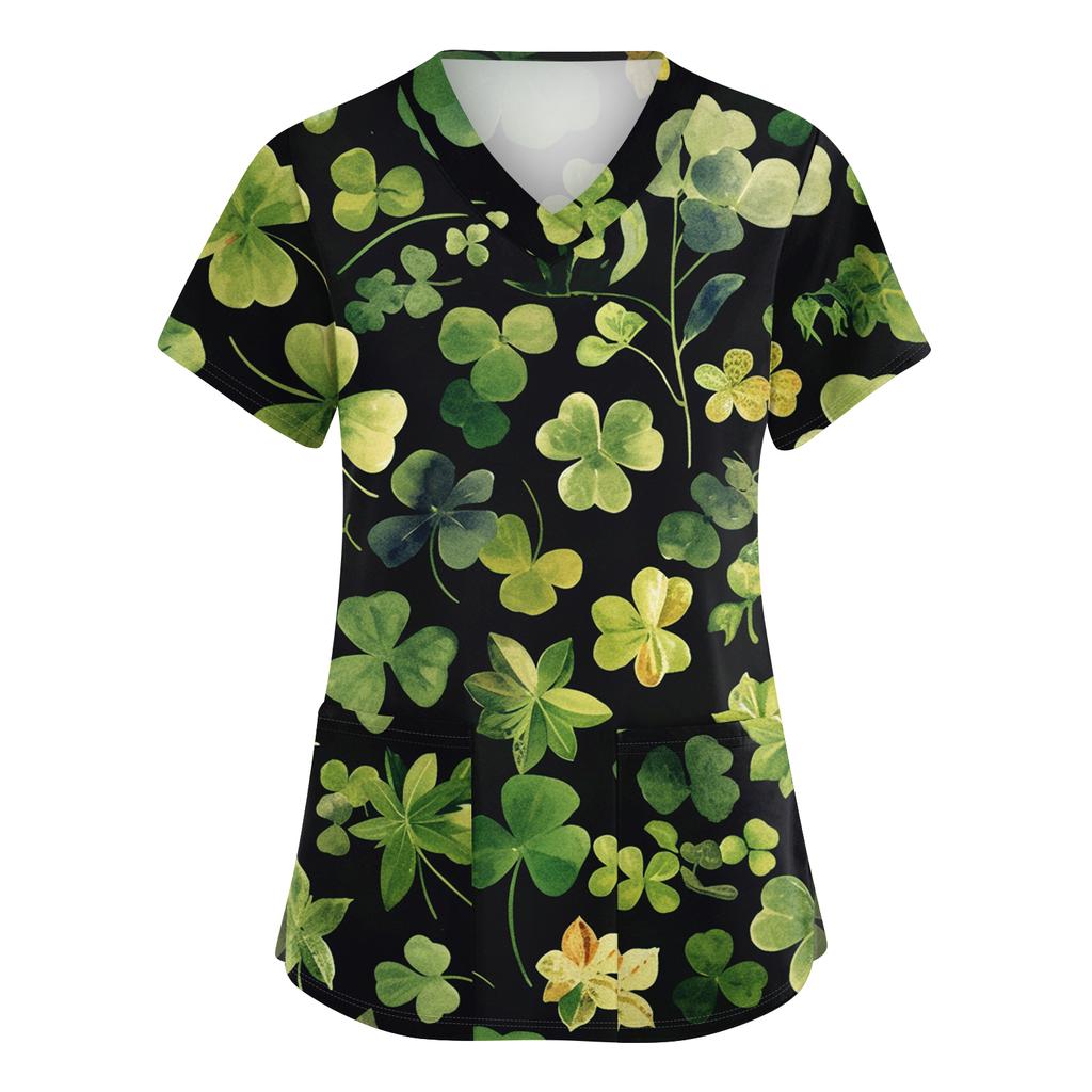 Ladies' St. Patrick Print Fashionable V-neck Pocket Short Sleeved Uniform And Caregiver Top