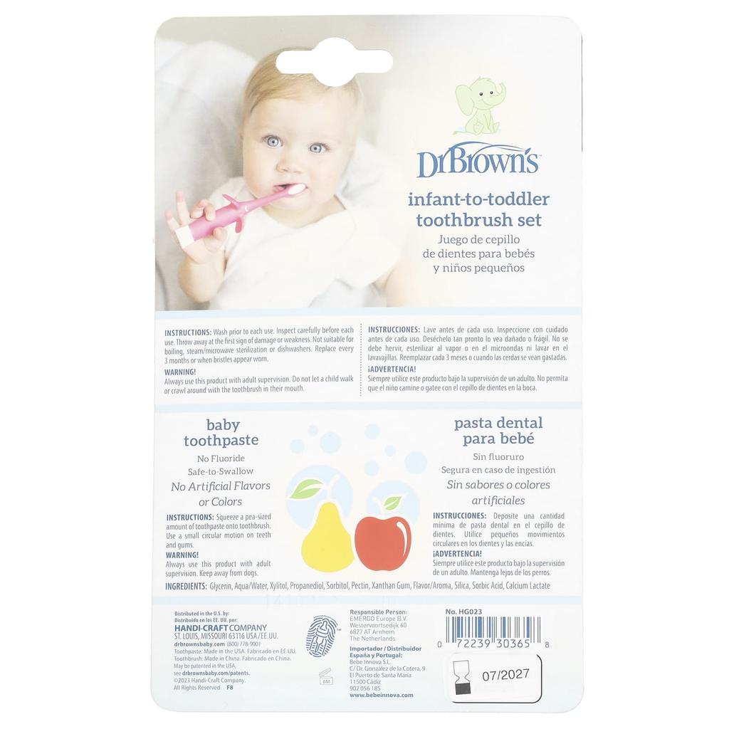Dr. Brown's Набор зубных щеток для малышей, 0-3 года, розовый, яблочная пара, набор из 2 штук