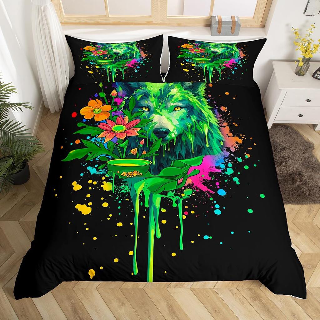 Wolf Warm Comforter Cover King Quen,Safari Animal Beding Set for Young Boys Adult Peoples Wild Wolves Soft Duvet Cover Smoky Mountain Comfortable