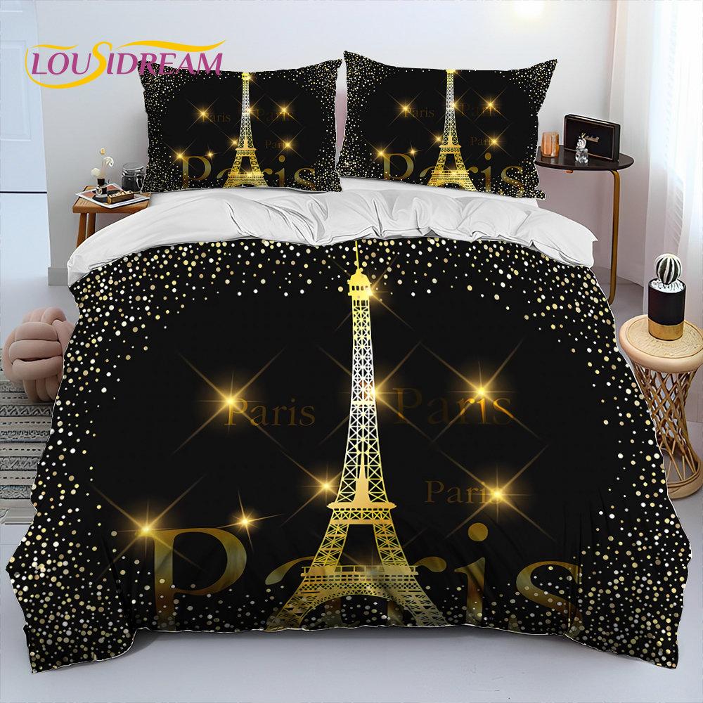 France Paris Eiffel Tower Comforter Bedding Set,Duvet Cover Bed Set Quilt Cover Pillowcase,King Queen Size Bedding Set Kid Adult